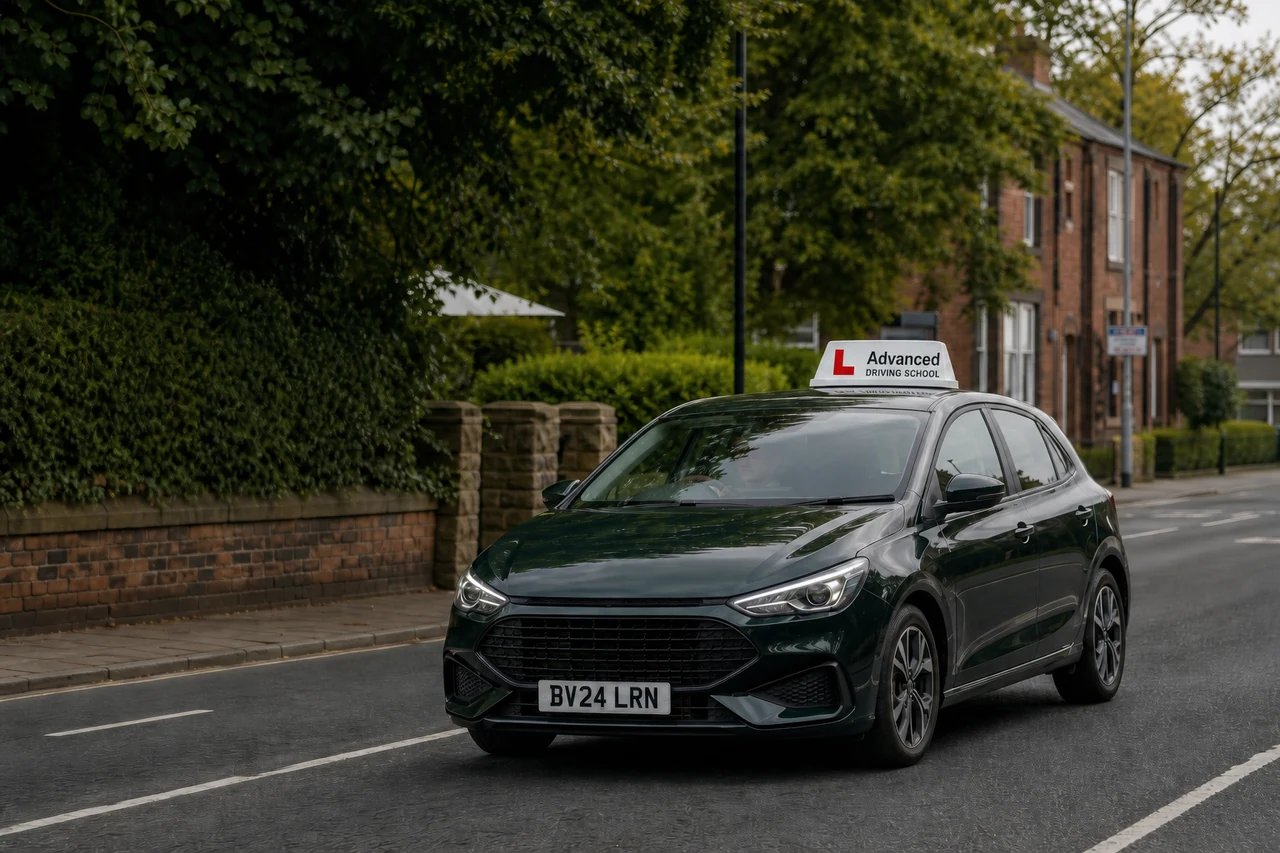 Dark green Advanced Driving School learner car on a North West England street