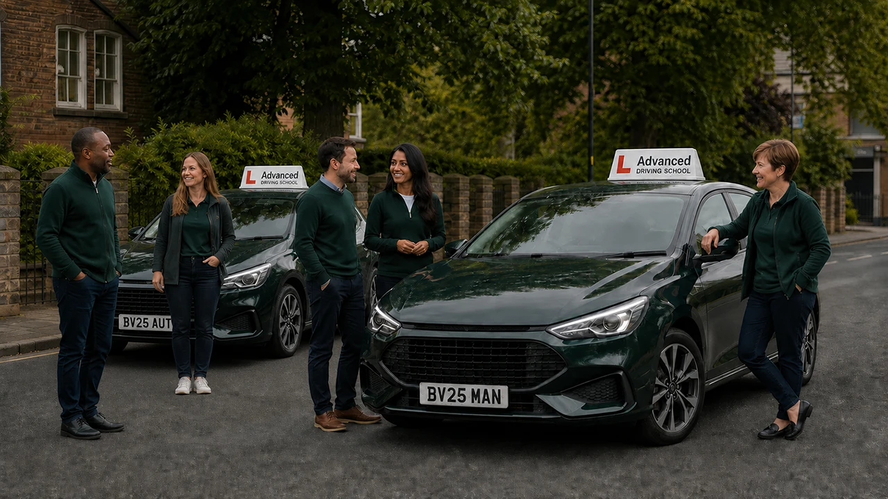 Five Advanced Driving School instructors with two dark green learner cars